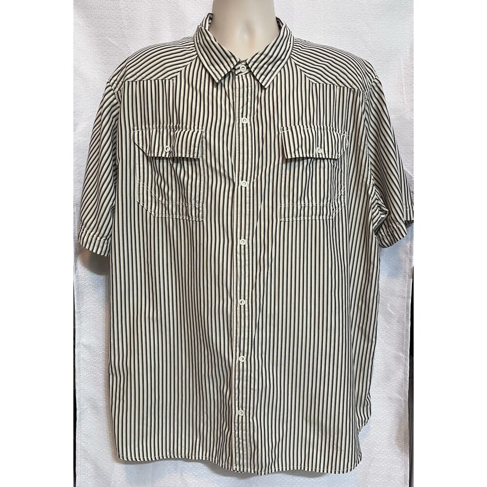 North Face Short Sleeve Button Up Striped Mens XXL White Tan Gorp Cabin Outdoor